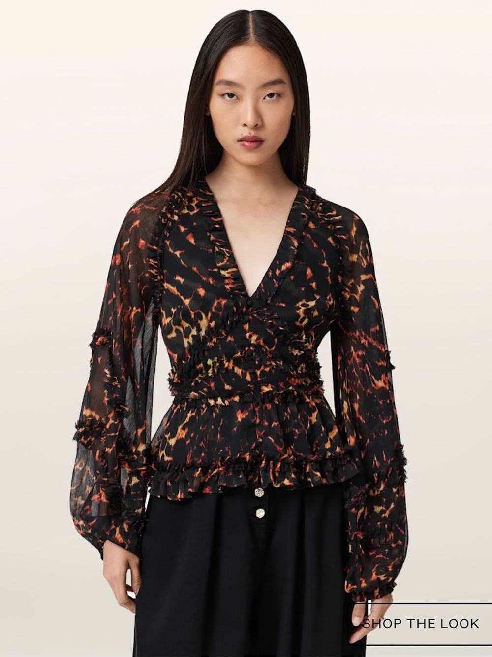 AllSaints Silver Print ruffle top size 4